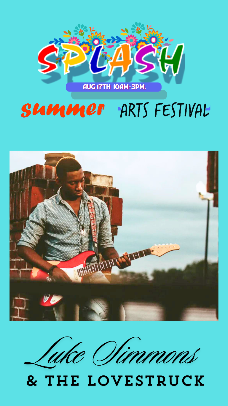 A PHOTO on a blue background with colorful flowers depicting Luke Simmons who is a singer songwriter and his band The Lovestruck.  They will be playing live on the Miller stage in downtown Chattanooga at the SPLASH Summer Arts Festival on the 17th August 2024