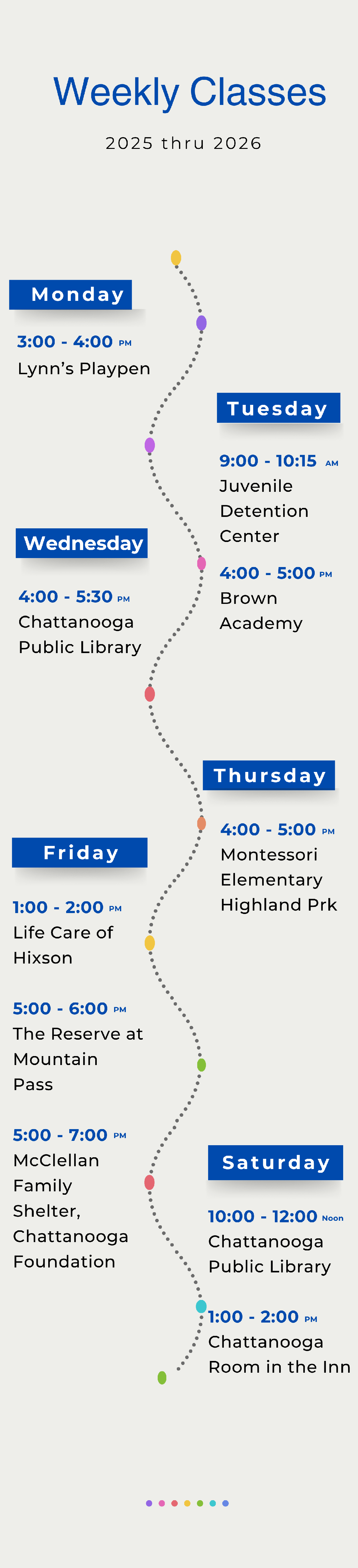 SPLASH Youth Arts Workshop's weekly class schedule