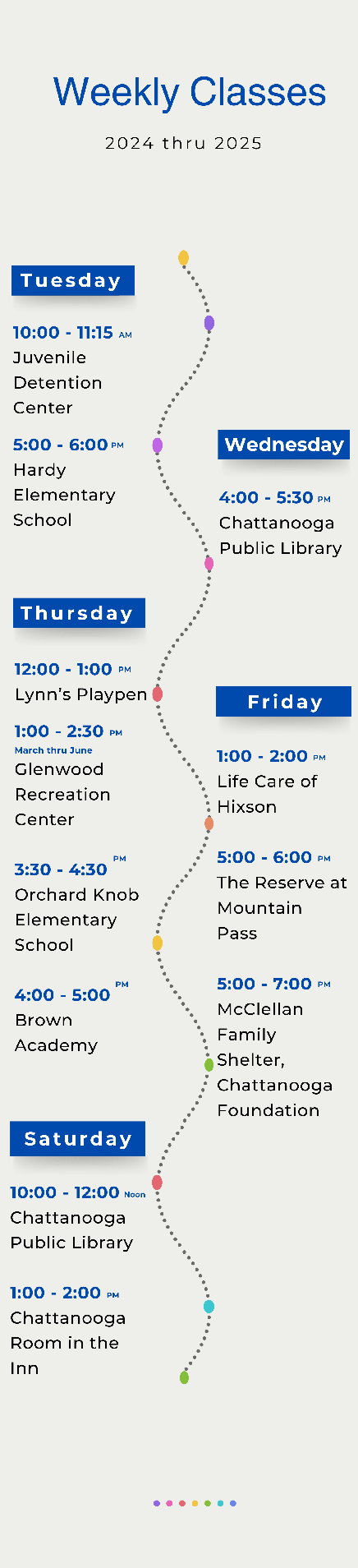 SPLASH Youth Arts Workshop's weekly class schedule