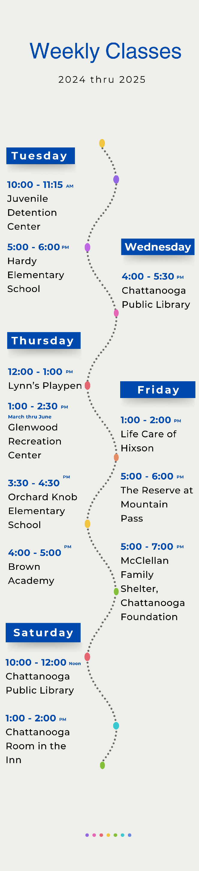 SPLASH Youth Arts Workshop's weekly class schedule