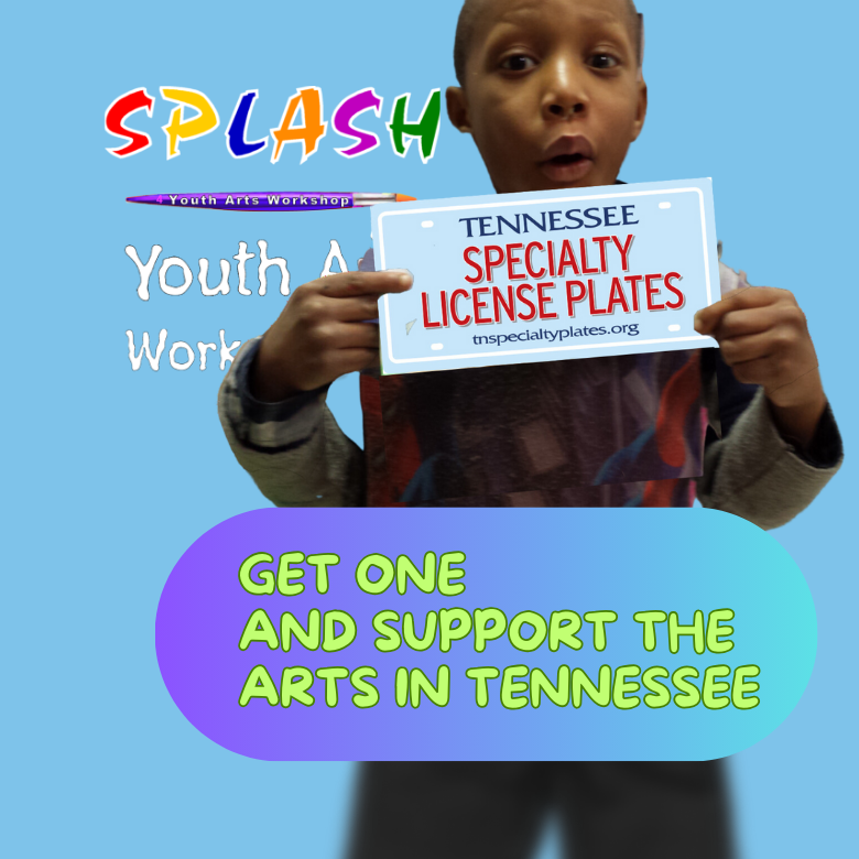 Tennesseans for the Arts Specialty lincense plates has a young boy holding up a license plate to support arts in TN.